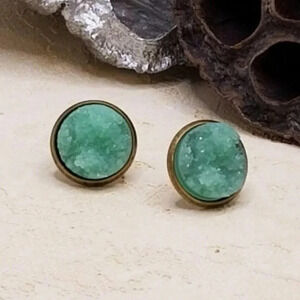 Antique Brass Druzy Stud Earrings Green